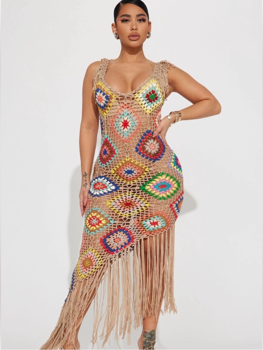 Love Sense Boho crochet fringe hem maxi dress